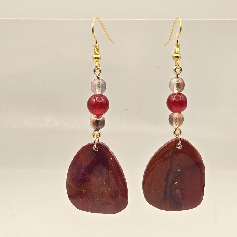 #B354- Chic Red and Gold Beaded Earrings With Jade Beads